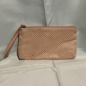 Laura Geller Tan Perforated Wristlet Clutch